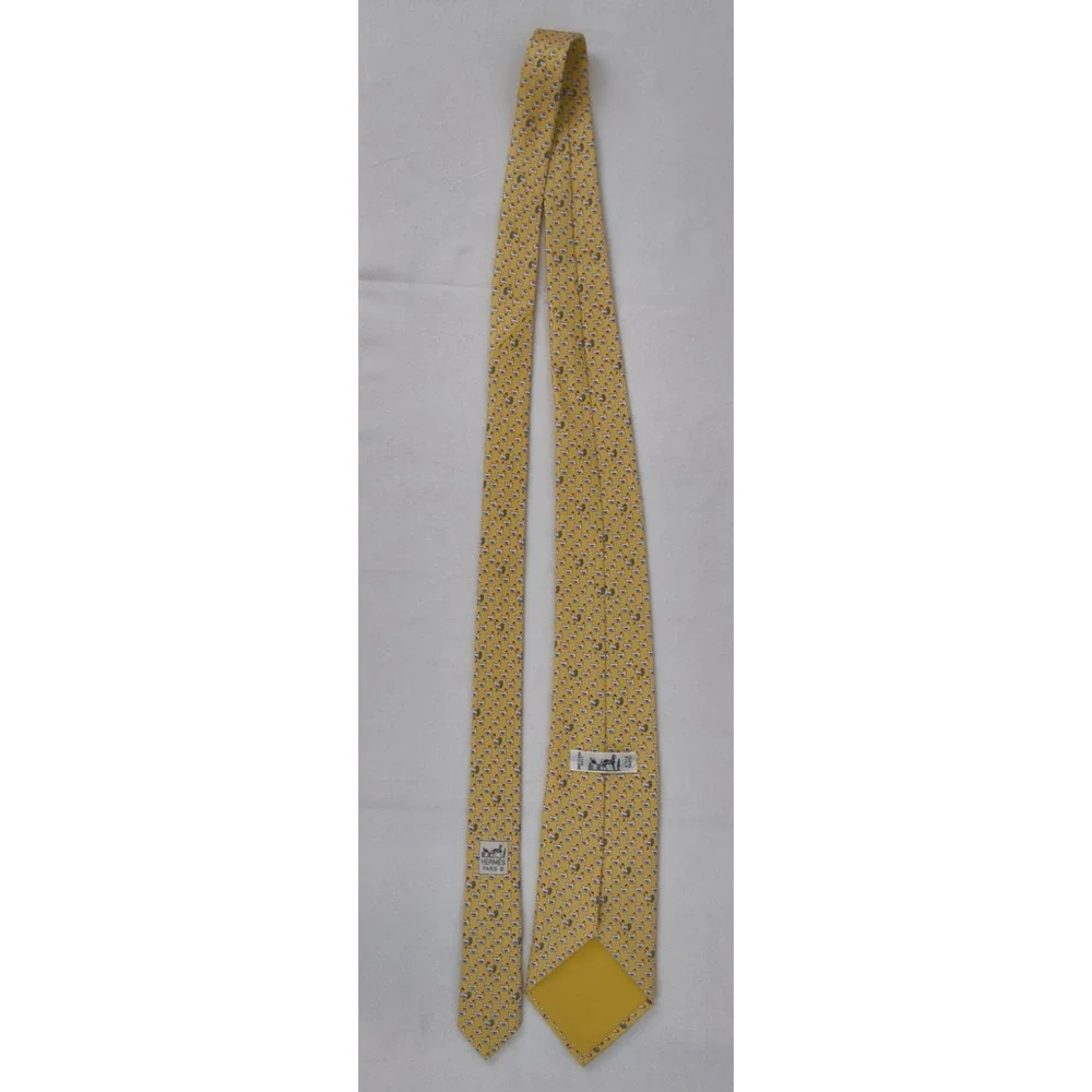 Hermes Yellow Chicken & Egg 100% Silk Tie Whimsical Print Made in France #W5218